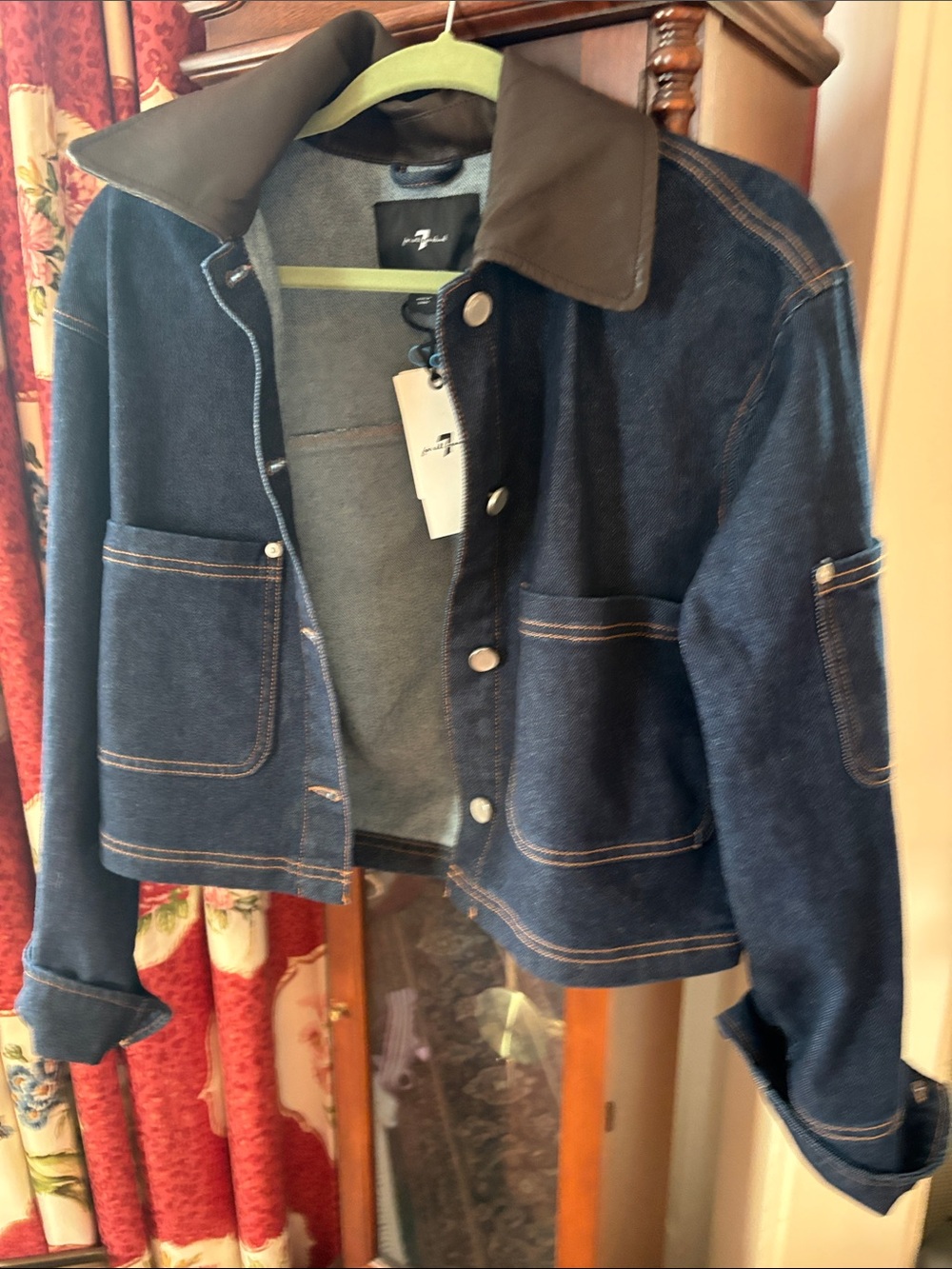 7 For All Mankind Dark Blue Denim Jacket with Brown Collar